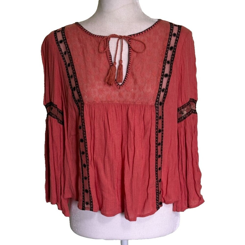 Women‎ Festival Boho Coral Peasant Blouse Flowy Swing Babydoll Top Tassel Tie Sm